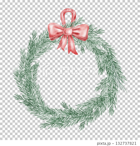 Pine wreath with red bow, hand drawn watercolor clipart great for Christmas labels, greeting cards, packaging design, and festive print-on-demand merchandise Pine wreath with red bow, hand drawn watercolor clipart great for Christmas labels, greeting cards, packaging design, and festive print-on-demand merchandise 132737821