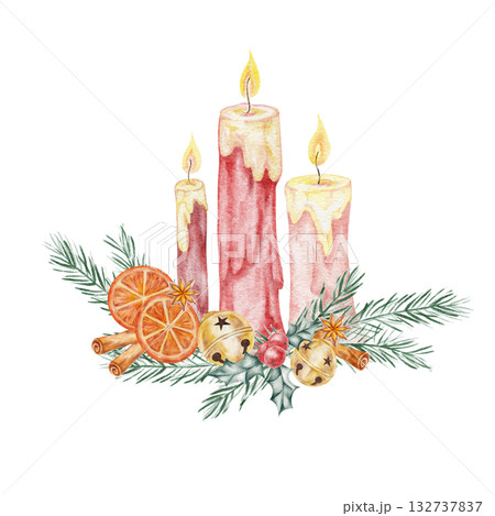 ed candles, pine twigs, and dried oranges in detailed hand drawn watercolor illustration suited for Christmas posters, wrapping paper, textile prints, and holiday branding 132737837
