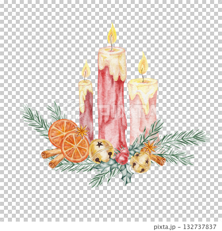 ed candles, pine twigs, and dried oranges in detailed hand drawn watercolor illustration suited for Christmas posters, wrapping paper, textile prints, and holiday branding 132737837