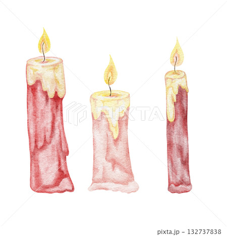 Red and cream advent candles with soft flames, hand drawn watercolor illustration ideal for Yule invitations, winter greeting cards, DIY decor prints, and festive graphic compositions Red and cream advent candles with soft flames, hand drawn watercolor illustration ideal for Yule invitations, winter greeting cards, DIY decor prints, and festive graphic compositions 132737838