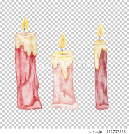 Red and cream advent candles with soft flames, hand drawn watercolor illustration ideal for Yule invitations, winter greeting cards, DIY decor prints, and festive graphic compositions Red and cream advent candles with soft flames, hand drawn watercolor illustration ideal for Yule invitations, winter greeting cards, DIY decor prints, and festive graphic compositions 132737838