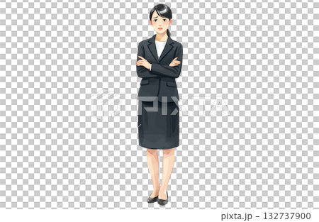 困った表情で腕組みするビジネスウーマン（全身・水彩） 132737900
