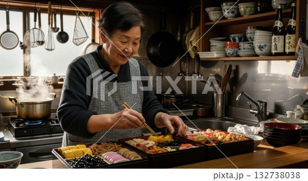 年末にお節を手作りするおばあちゃん 年末にお節を手作りするおばあちゃん 132738038