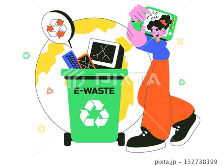 E-Waste Recycling Center Vector Illustration Featuring Electronic Waste Management and Proper Processing of Technological Rubbish In a Background 132738199