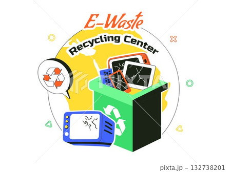E-Waste Recycling Center Vector Illustration Featuring Electronic Waste Management and Proper Processing of Technological Rubbish In a Background E-Waste Recycling Center Vector Illustration Featuring Electronic Waste Management and Proper Processing of Technological Rubbish In a Background 132738201
