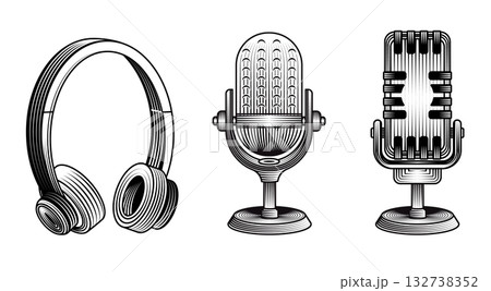 Professional headphones and classic retro microphones monochrome vector illustration audio equipment in vintage woodcut engraving for music production podcast radio broadcasting 132738352