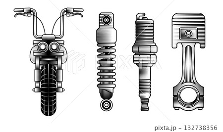 Set of vector illustrations of essential motorcycle elements in vintage woodcut engraving style classic chopper handlebar and wheel shock absorber spark plug and piston 132738356
