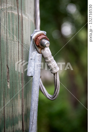 Detailed view of a steel cable secured to a wooden utility pole with a metal clamp and rusty bolt 132738530