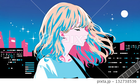 ギターを弾くアニメ風の女の子　AI 132738536