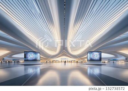 Futuristic airport terminal featuring flowing symmetrical lines and a sleek design with bright illumination 132738572