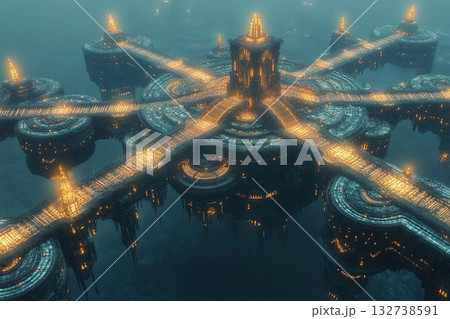 Floating city with geometric design illuminated at dusk above a tranquil landscape Floating city with geometric design illuminated at dusk above a tranquil landscape 132738591
