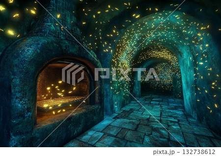 Underwater oven surrounded by magical fireflies illuminating the ancient walls in a mystical setting 132738612