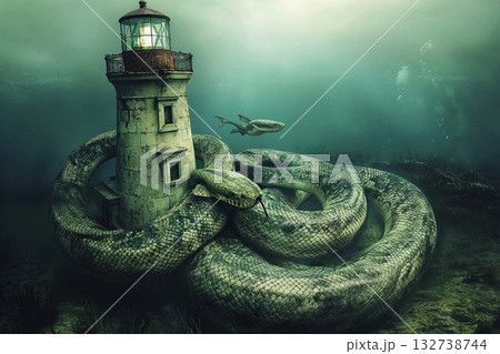 Giant underwater snake coils around an old lighthouse amidst turbulent sea and stormy skies 132738744