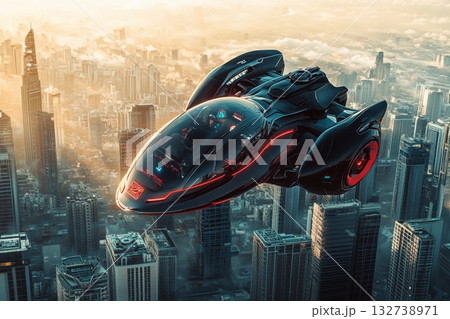 Futuristic vehicle soars above a vibrant city skyline during sunset with bright lights illuminating the surroundings Futuristic vehicle soars above a vibrant city skyline during sunset with bright lights illuminating the surroundings 132738971