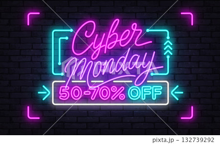 Stylish neon Cyber Monday lettering in script and block fonts with glowing sale offer. Vector illustration Stylish neon Cyber Monday lettering in script and block fonts with glowing sale offer. Vector illustration 132739292