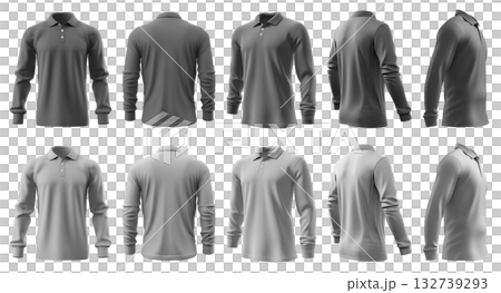 2 Set of dark light grey gray, front back and side view collar polo tee shirt on transparent background cutout, PNG file. Mockup 2 Set of dark light grey gray, front back and side view collar polo tee shirt on transparent background cutout, PNG file. Mockup 132739293
