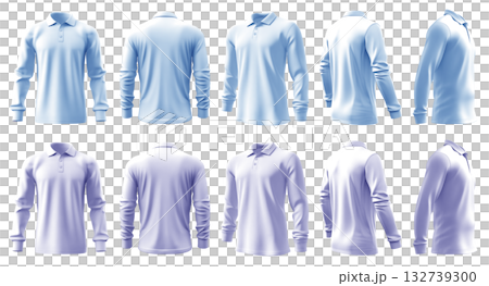 2 Set of pastel blue purple, front back and side view collar polo tee shirt on transparent background cutout, PNG file. Mockup 132739300