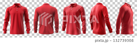 Set of red, front back and side view collar polo tee shirt on transparent background cutout, PNG file. Mockup 132739308