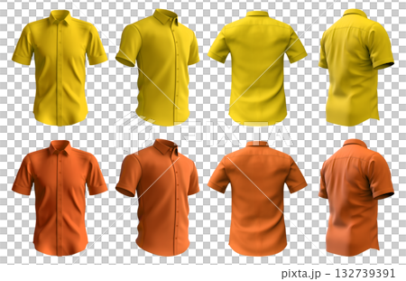 2 Set of orange yellow, button up short sleeve collar shirt front, back and side view on transparent background cutout, PNG file. Mockup template 132739391