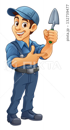 Brick Layer Mason Builder Cartoon Man Pointing 132739477