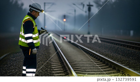 ライトを持って鉄道の夜間保守点検を行う作業員 132739591