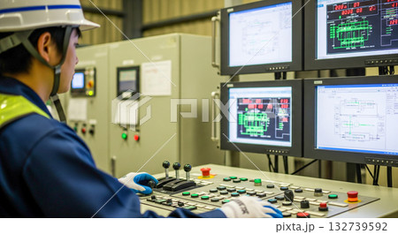ゴミ焼却施設でモニターを操作する管理作業員 ゴミ焼却施設でモニターを操作する管理作業員 132739592