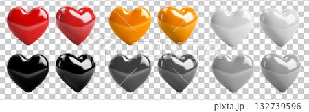 Collection set of 3D heart love, front and side view on transparent background cutout, PNG file. Many colours. Mockup template artwork graphic design. Red, gold, black, white, grey 132739596