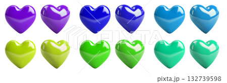 Collection set of 3D heart love, front and side view on transparent background cutout, PNG file. Many colours. Mockup template artwork graphic design. purple, turquoise, blue, green, lime 132739598