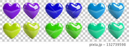 Collection set of 3D heart love, front and side view on transparent background cutout, PNG file. Many colours. Mockup template artwork graphic design. purple, turquoise, blue, green, lime 132739598