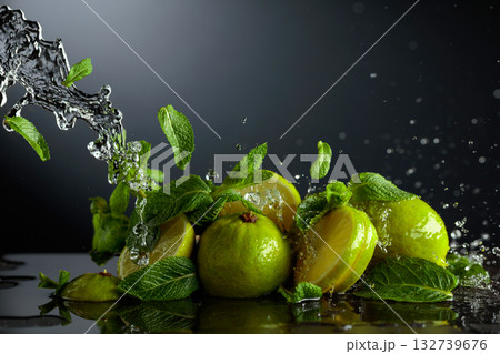 Limes and fresh mint branches with water splashes. Limes and fresh mint branches with water splashes. 132739676