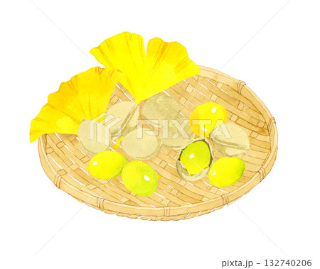 竹ざるに乗ったギンナンの実とイチョウの葉っぱ 秋の植物の手描き水彩イラスト素材 竹ざるに乗ったギンナンの実とイチョウの葉っぱ 秋の植物の手描き水彩イラスト素材 132740206