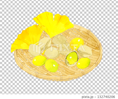 竹ざるに乗ったギンナンの実とイチョウの葉っぱ 秋の植物の手描き水彩イラスト素材 竹ざるに乗ったギンナンの実とイチョウの葉っぱ 秋の植物の手描き水彩イラスト素材 132740206