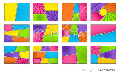 Comic book frame. Colored manga template. Pop art cartoon page with grid and boxes. Anime horizontal cover with explosion speed lines and halftone effect for storyboard. 132740245