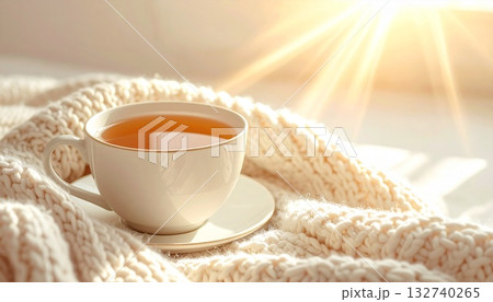 暖アイボリー背景　ニットブランケット端とティーカップ　陽だまり余白 132740265