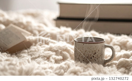 ニュートラルウール背景 本の角と湯気マグ 冬の読書ぬくもり余白 ニュートラルウール背景 本の角と湯気マグ 冬の読書ぬくもり余白 132740272