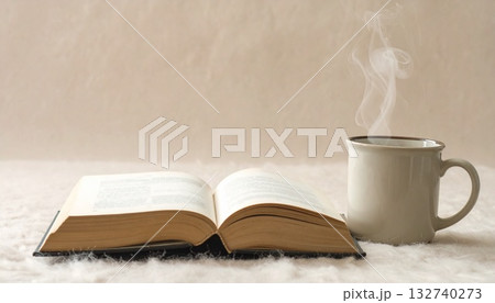 ニュートラルウール背景 本の角と湯気マグ 冬の読書ぬくもり余白 ニュートラルウール背景 本の角と湯気マグ 冬の読書ぬくもり余白 132740273