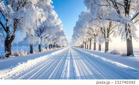 中央へ伸びる雪道　霜の木々が放射線を描く　青い朝の冬空気 132740392