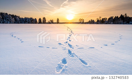 雪原に広がる足跡の放射 静かな夕光と自然の気配 雪原に広がる足跡の放射 静かな夕光と自然の気配 132740583