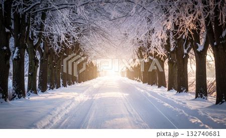 雪道を包む木のトンネル　内側に弧を描く枝と光の中心 132740681