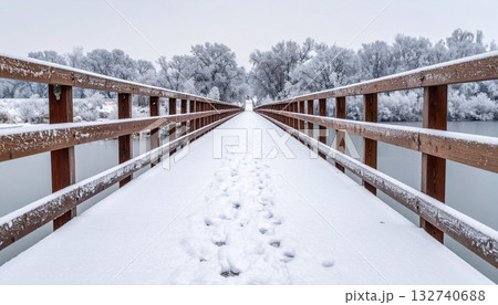 雪に覆われた橋が中央へ伸びる 霜の手すりと静寂のシネマ冬景 雪に覆われた橋が中央へ伸びる 霜の手すりと静寂のシネマ冬景 132740688
