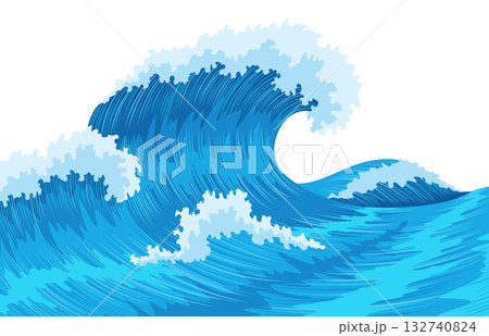Ocean waves, splash water, marine sea storm element. Blue sea or ocean wave with spray, foam on crest. Vector illustration 132740824