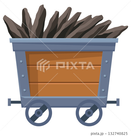 Metal mine cart loaded with stones or coal. Cartoon mine trolley. Vector design illustration isolated on white background Metal mine cart loaded with stones or coal. Cartoon mine trolley. Vector design illustration isolated on white background 132740825