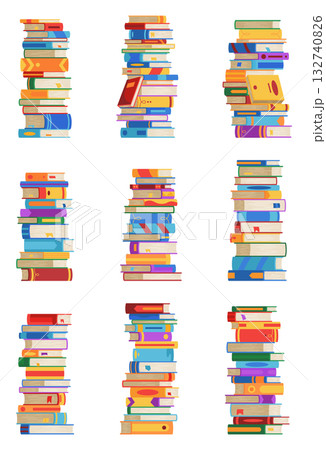 High book stacks or pile icon set. Library textbooks and school literature heaps, dictionaries. Bookstore advertise. Cartoon stacked books angle view with different colorful covers isolated on white High book stacks or pile icon set. Library textbooks and school literature heaps, dictionaries. Bookstore advertise. Cartoon stacked books angle view with different colorful covers isolated on white 132740826