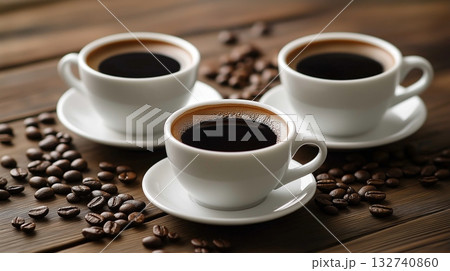 Coffee cups with latte art surrounded by roasted beans 132740860