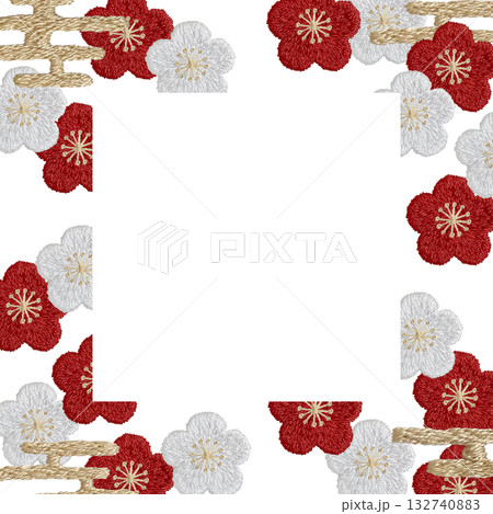 【梅の四角枠】手刺繍イラスト素材 132740883