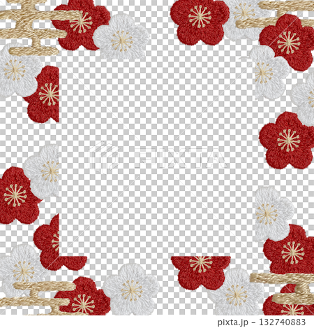 【梅の四角枠】手刺繍イラスト素材 132740883