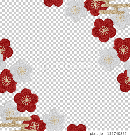 【梅の四角枠】手刺繍イラスト素材 132740885