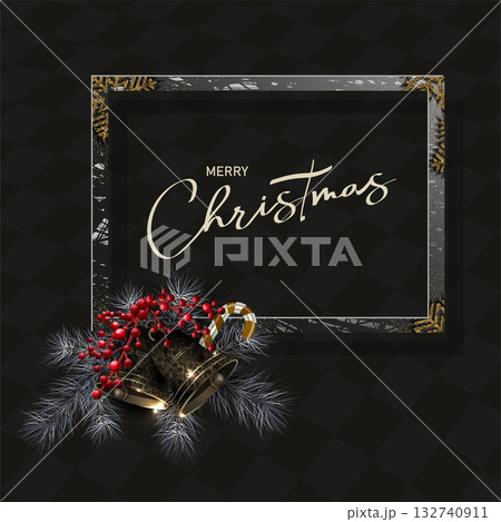 Merry Christmas. Isolated square frame with an elegant gold bell 132740911