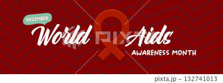 World AIDS awareness month retro banner with red ribbon. World HIV awareness month starts in December. Red ribbon with text isolated on grey background. World AIDS Day December 1st 132741013