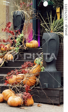 Autumn Decor with Pumpkins and Modern Sculpture Autumn Decor with Pumpkins and Modern Sculpture 132741055